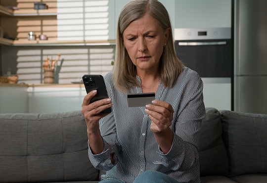 Frustrated woman on couch looking at phone and credit card